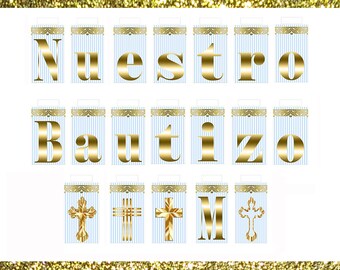 Printable Nuestro Bautizo Mi Banner, Blue Gold, baptism, Sign, Light, cross stripe, Instant Download, Party Decoration, Decor, DIY, JPEG PDF