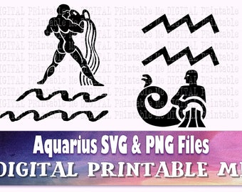 Aquarius svg bundle, zodiac sign, astrology silhouette pack, PNG clip art, Digital illustration, horoscope symbol, star signs, sun moon