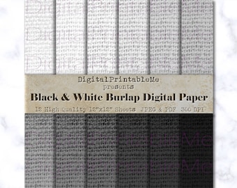 Black Gray White Burlap Digital Paper Pack, Variety of Shades, Mixed gray Patterns, rustic Scrapbook bundle, textured junk journal jute