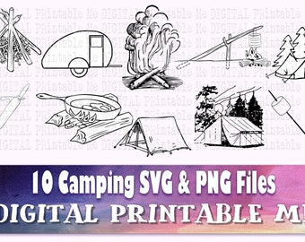 Camping svg bundle, illustrations PNG clip art, 10 Digital Outdoors nature pack, camper, summer adventure, campfire tent. silhouette outline