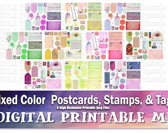 Postkarten Stempel Tags, Junk Journal Supplies, Mixed Vintage Multicolor Etiketten Postage Kit druckbare Dateien Collage Basteln, 8,5" 11" Scrapbook