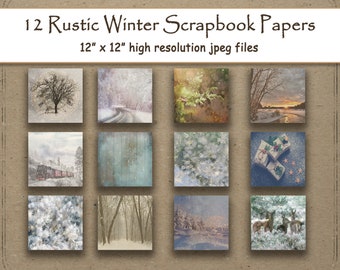 Rustic Winter Woodland Digital Paper  Texture scrapbook paper pages 12 printable, snow, forest, textureshabby chic  background