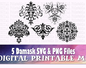 Damask svg, silhouette bundle, 5 images Flourish corner, flower, classic PNG, clip art vector, cutting, fancy decorative scrollwork floral