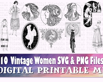 Vintage Frau Svg, Jugendstil png Bundle, 10 florale Lady Illustrationen, Clip Art Pack Frauen Zeichnung, Umriss detaillierte Linie Kunst 1920 Kunstwerk