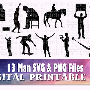 Hombre svg, Paquete de silueta masculina PNG imágenes prediseñadas, 13 imágenes de hombres, vector, archivo de corte, estrés, autostop, protesta, palo selfie, skateboarding