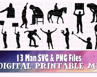 Man svg, Male silhouette bundle PNG clip art, 13 Men images, vector, cut file, stress, hitchhiking, protesting, selfie stick, skateboarding