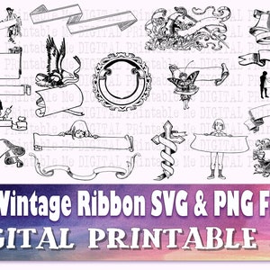Puede incluir: Una colección de 20 diseños de cintas vintage en formatos SVG y PNG. Las ilustraciones en blanco y negro incluyen pancartas, pergaminos y elementos decorativos, perfectos para proyectos digitales. También se incluye el texto "DIGITAL PRINTABLE ME".