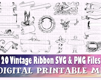 Ribbon Banner svg, vintage illustration bundle, 20 cut files, label PNG, clip art scroll, hand drawn detailed, vector, fancy decorative
