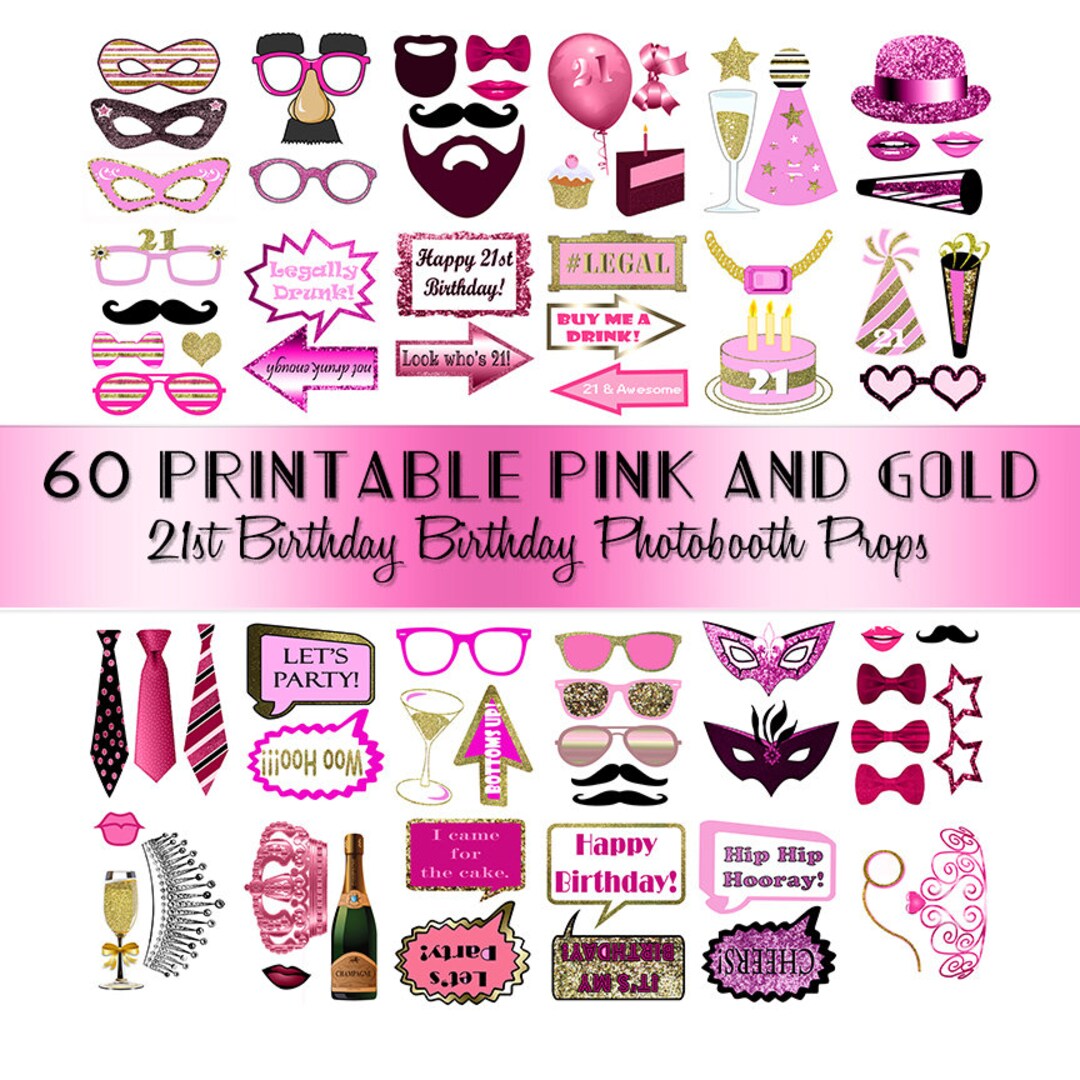 21st Birthday Photo Booth Props Pink Gold Pretty 21 Years Old Glitter ...