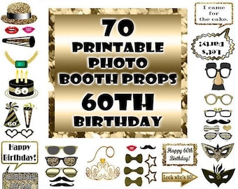 60th Birthday Photo Booth Props 60 year old Black Gold 70 Adult Classy Glitter Printable Instant Download party  game photobooth prop