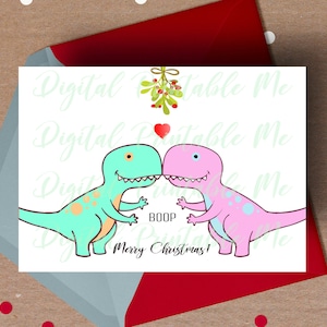 Carte de Noël de dinosaur, carte imprimable de Noël, carte de dino d’amour, carte de gui, petit ami de carte de Noël, petite amie de carte de Noël, amour