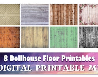 May include: Eight printable dollhouse floor designs. The designs include wood planks, a diamond pattern, and a floral border.