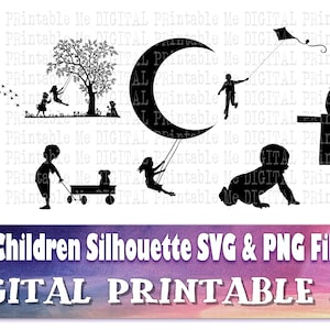 Crianças svg, pacote de silhueta, PNG, clip art, 7 Digital, , pessoas. crianças, brincando juntos, lua, pescaria, pipa, bebê engatinhando