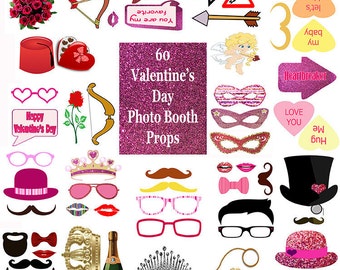 Valentine's Day Photo Booth Props Set Glitter Printable Instant Download pink party  game valentine day vday hearts photo booth props prop