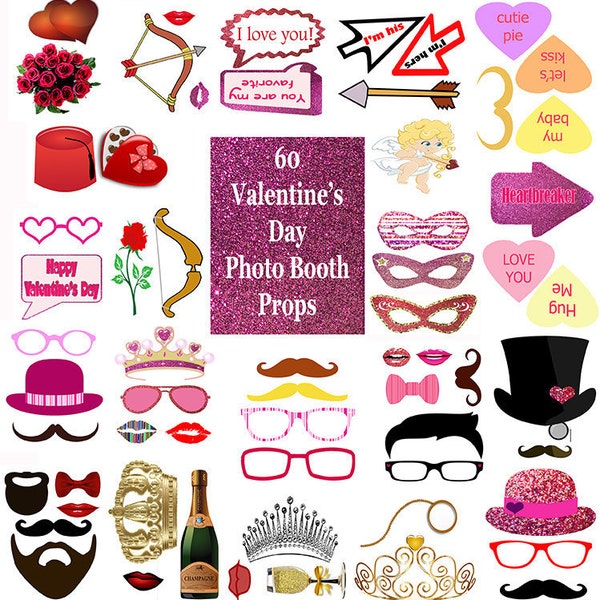 Valentine's Day Photo Booth Props Set Glitter Printable Instant Download pink party  game valentine day vday hearts photo booth props prop