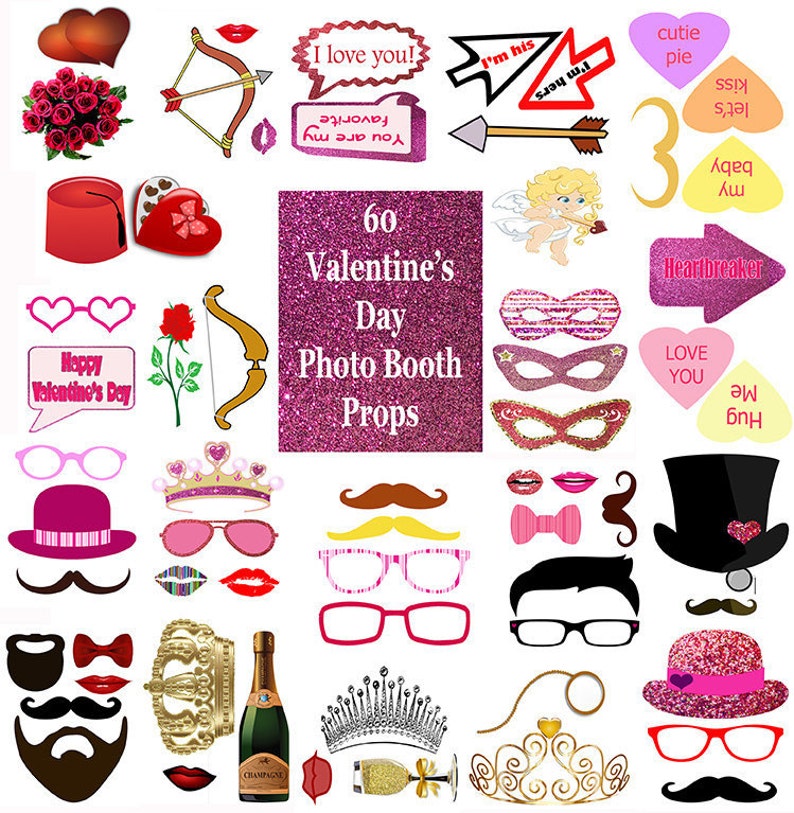 Valentine's Day Photo Booth Props Set Glitter Printable - Etsy