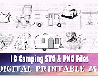 Camping svg bundle, illustrations PNG clip art, 10 Digital Outdoors nature pack, camper, summer adventure, campfire tent. silhouette outline