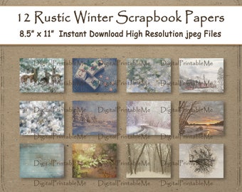 Rustic Winter Woodland Digital Paper 8.5" x 11" Texture scrapbook paper pages 12 printable, snow, forest, textureshabby chic  background