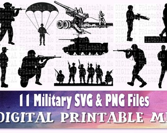 Military SVG,  Army Silhouette bundle, PNG, clip art, 11 Digital files, soldier, tank