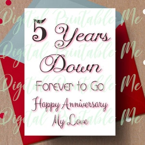 5th anniversary Card, printbare vijfde verjaardagskaart, 5-jarig jubileumkaart, instant download, vijf last minute jubileumkaart voor altijd