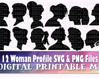 Woman Profile svg, 12 female head images, lady, girl, side view silhouette bundle, PNG, clip art, women drawing cut file vector