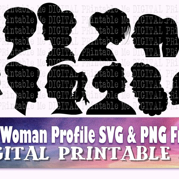 Woman Profile svg, 12 female head images, lady, girl, side view silhouette bundle, PNG, clip art, women drawing cut file vector