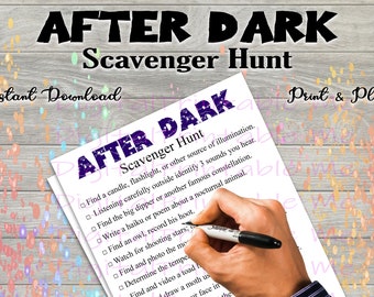 After Dark Schnitzeljagd druckbare, Kinderaktivität, Spiel, Download, Nachtzeit, Erwachsene, Kinder, kreative Partybevorzugung, interaktives Selfie