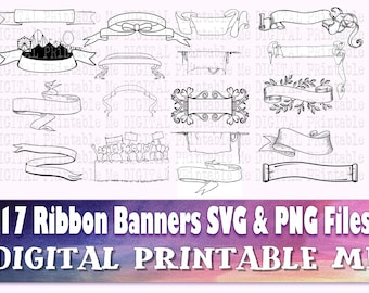 Ribbon Banner svg, silhouette bundle, 17 cut files, label PNG, clip art scroll, border, doodle, drawn, cute vector, cutting