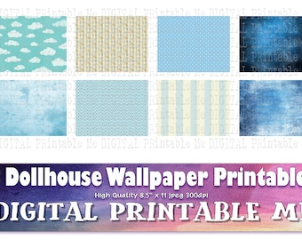 Blue Dollhouse Wallpaper Printable DIY Miniature Pattern Pack Distressed Cloud Stripe dot chevron Set of 8 JPG Doll House Decor 1/12 Texture