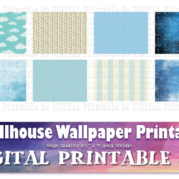 Blue Dollhouse Wallpaper Printable DIY Miniature Pattern Pack Distressed Cloud Stripe dot chevron Set of 8 JPG Doll House Decor 1/12 Texture