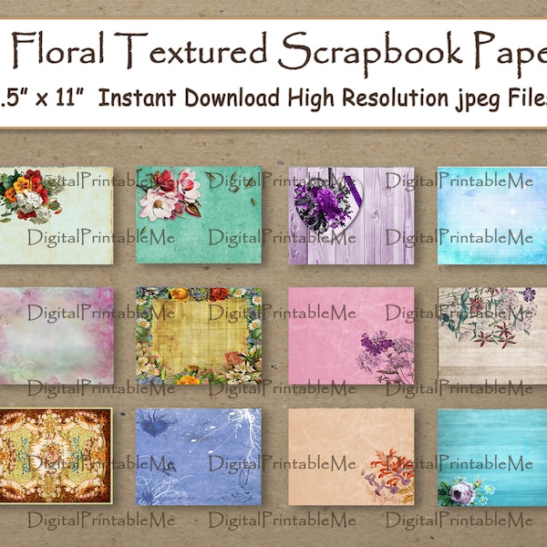 Floral Digital Paper scrapbook wood digital paper paper printable background paper pack, sping flower floral 11" x 8.5"  poster