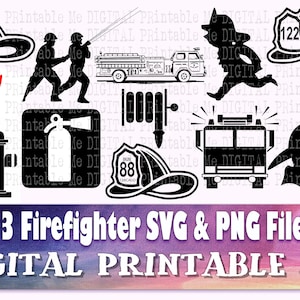 Puede incluir: Un conjunto de 13 archivos SVG y PNG de bomberos en blanco y negro. Los archivos incluyen imágenes de una boca de incendios, un extintor, una manguera de incendios, un casco de bombero, un bombero corriendo, un camión de bomberos y un hacha. El texto "DIGITAL PRINTABLE ME" está en la parte inferior de la imagen.