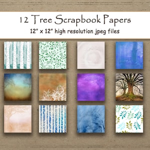 Tree Digital Paper  Forest Leaves Woodland scrapbook paper pages 12 printable, shabby chic  background woods shabby chic