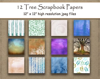 Tree Digital Paper  Forest Leaves Woodland scrapbook paper pages 12 printable, shabby chic  background woods shabby chic