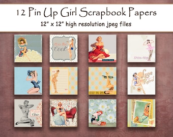 Pin Up Girl  Digital Paper   Retro vintage lady woman scrapbook paper pages 12 printable, shabby chic  background antique