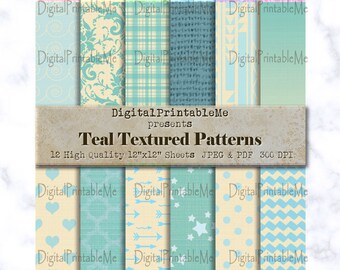 Shabby Teal Digital Paper, Linen burlap texture pattern, blue green turquoise Scrapbook Pack,  mixed , background paper 12" junk journal
