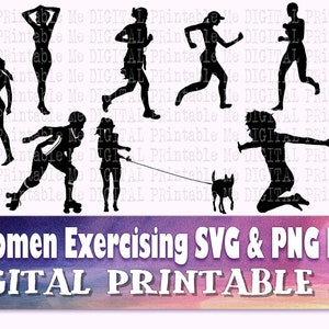 Het uitoefenen van Vrouw svg, Vrouwelijke Geschiktheid, De oefening van de dame, silhouetbundel, PNG, klemkunst, 9 Actieve Vrouwen, lopende hond, het lopen, rollerskating
