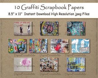Graffiti Digital Paper Print 8.5" x 11" Texture scrapbook paper pages   street art wall mural scribble graffiti words  tag junk journal