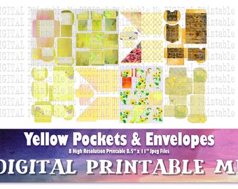 Gelbe Taschen & Briefumschläge, Vintage Ephemera Scrapbook Junk Journal Zubehör Kit shabby diy tuck tag karte printable collage crafts sunflower