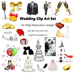 May include: A set of 23 high-resolution wedding clip art images in SVG and PNG format. The images include a tuxedo, a wedding dress, a wedding cake, a church, champagne glasses, wedding rings, a bouquet of roses, a limousine, a gift box, balloons, confetti, and a couple kissing.