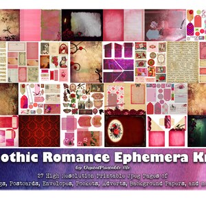 Kit de carnet de voyage gothique romantique rouge éphémères minable vintage 26 pages pack imprimable collage artisanat roses de damas corbeau romantique sombre