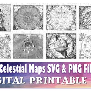 Himmelskarten, Sternkarten, 8 SVG Bundle, Astrologie Vintage, Kunst Pack, PNG Clip Art, digitale Illustration, Horoskop Zeichen, Stern Sonne Mond
