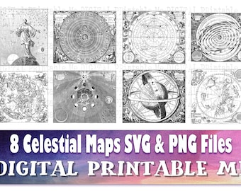 Celestial Maps, Star Charts, 8 Svg bundle, astrology vintage, art pack, PNG clip art, Digital illustration, horoscope sign, star sun moon