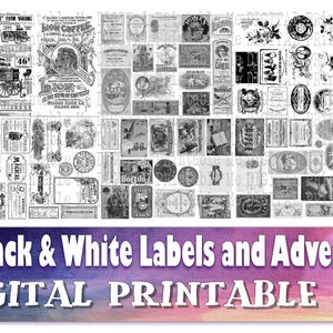 Suprimentos de diário preto e branco, etiquetas e anúncios vintage, anúncios, arquivos JPEG PDF para impressão, artesanato em colagem, álbum de recortes de 8,5" 11"