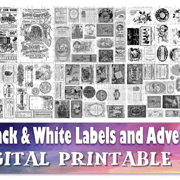Black White Junk Journal Supplies, Vintage Labels and Advertisements, Adverts, JPEG PDF printable files, collage crafts, 8.5" 11" scrapbook