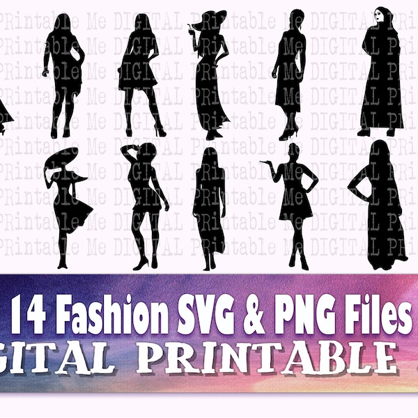 Fashion Woman svg, Female silhouette bundle, PNG clip art, 14 pretty women images, vector cut file, lady fancy dress, fashionable girl