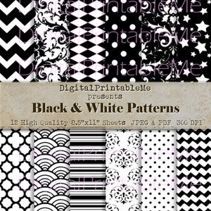 Black & White Digital Paper, Black Pattern, Scrapbook pack, Patterned Background, damask, junk journal chevron, diamond, polka dots 8.5&quot;x11&quot;