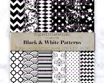 Black & White Digital Paper, Black Pattern, Scrapbook pack, Patterned Background, damask, junk journal chevron, diamond, polka dots 8.5"x11"