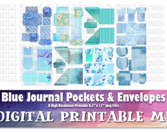 Blue Pockets and Envelopes, Vintage Ephemera Scrapbook Junk Journal kit tuck tag card Antique printable collage crafts, 8.5" 11" teal diy