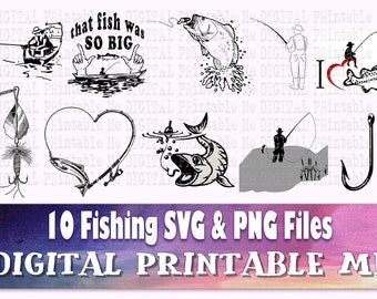 Fishing svg bundle, fisherman line art, illustration, silhouette, PNG, clip art, 10 Digital cut files, fish hook, love bass, heart fishing